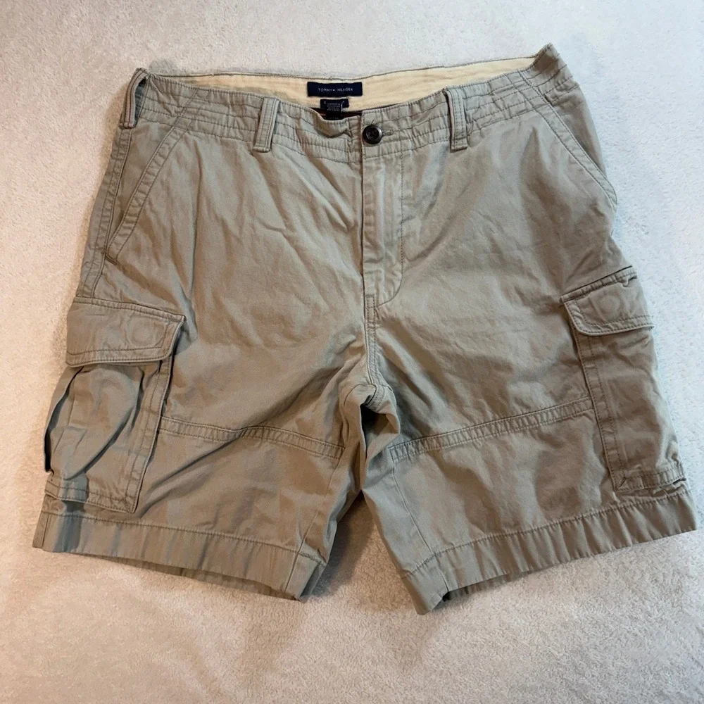 Tommy Hilfiger Mens Tan Khaki Cotton Twill Cargo Shorts Size 36 Utility Casual